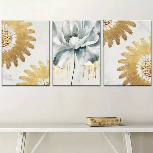 3pcs Elegant Golden Light Luxury Floral Wall Art Set Canvas Framed 40x60cm - High Quality Print 100% Australian Made Wall Canvas Ready to Hang