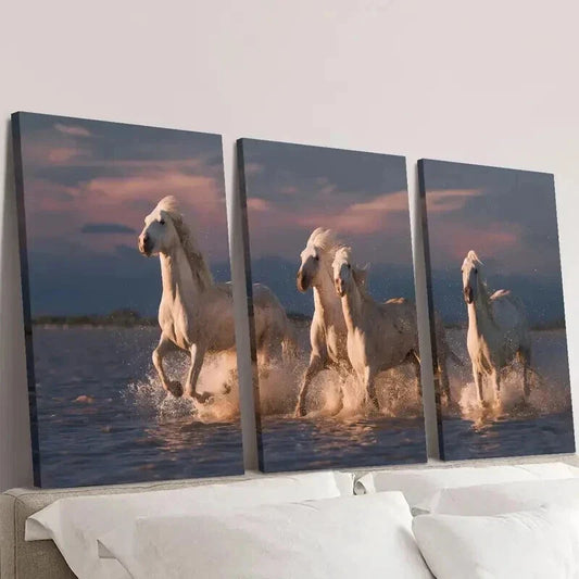 3pcs Camargue White Horses Portrait Wall Art Set Canvas Framed 40x60cm - High Quality Print 100% Australian Made Wall Canvas Ready to Hang