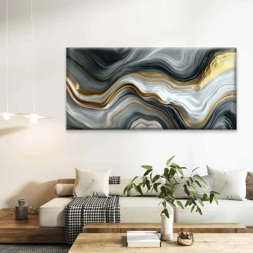 Minimalist Golden & Marble Wall Art Canvas Office Home Room Framed 80x45cm