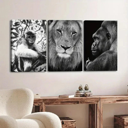 3pcs Vintage Black Animal Monkey Lion & Gorilla Wall Art Set Canvas Framed 40x60cm - High Quality Print 100% Australian Made Wall Canvas Ready to Hang