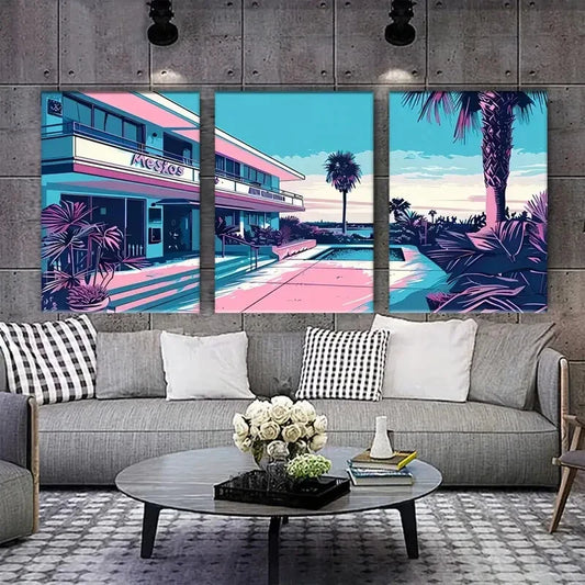 3pcs Big Trees Pool Stones Hotel Metal Print Ready to Hang Art