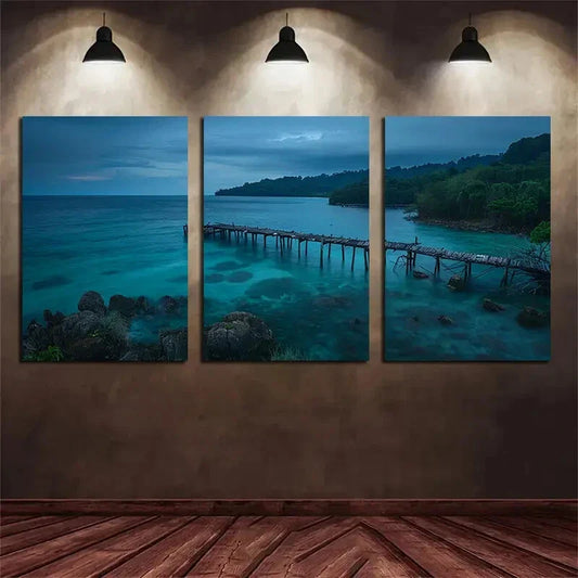 3pcs Old Wooden Dock Of Turquoise Sea Metal Print Ready to Hang Art