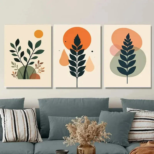 3pcs Modern Abstract Botanical Beige & Orange Wall Art Set Canvas Framed 40x60cm - High Quality Print 100% Australian Made Wall Canvas Ready to Hang