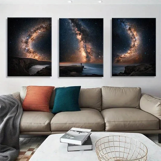 3pcs Milky Way Galaxy Over Ocean Cliff Metal Print Ready to Hang Art