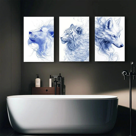 3pcs Abstract Blue Furry Beasts Animals Metal Print Ready to Hang Art