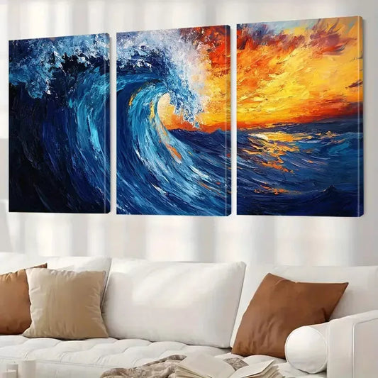 3pcs Blue And Orange Decorative Abstract Ocean Wall Art Set Canvas Framed 40x60cm - High Quality Print 100% Australian Made Wall Canvas Ready to Hang