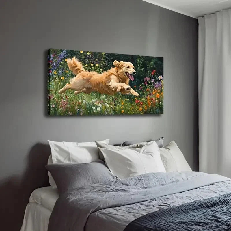 Golden Retriever Dog In Flower Wall Art Canvas Office Home Room Framed 120x60cm