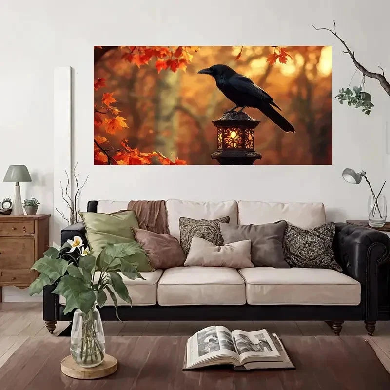 Autumn Leaves Raven Lantern Wall Art Canvas Office Home Room Framed 80x45cm