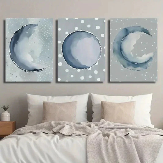 3pcs Abstract Blue Moon Phases Indigo Sphere Metal Print Ready to Hang Art