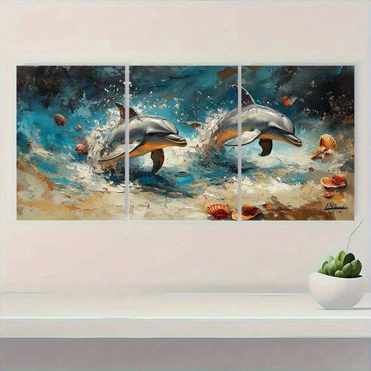 3pcs Dolphin Beach Shell & Blue Ocean Animal Metal Print Ready to Hang Art