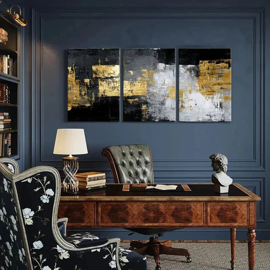 3pcs Golden Black White & Blue Textured Metal Print Ready to Hang Art