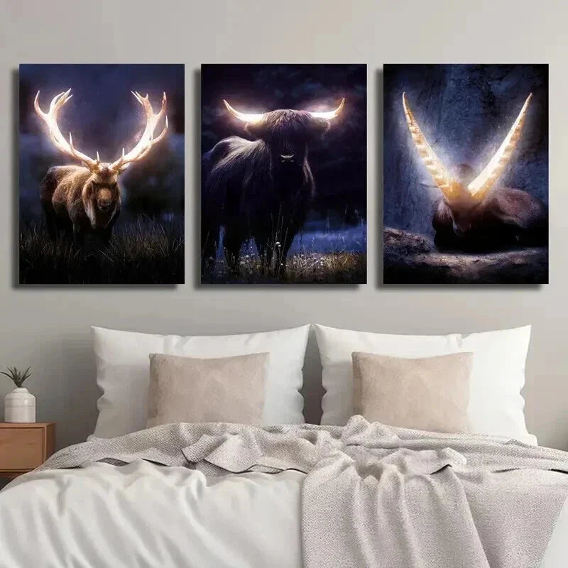 3pcs Stunning Horned Creatures in Dark Forest Wall Art Set Canvas Framed 40x60cm - High Quality Print 100% Australian Made Wall Canvas Ready to Hang