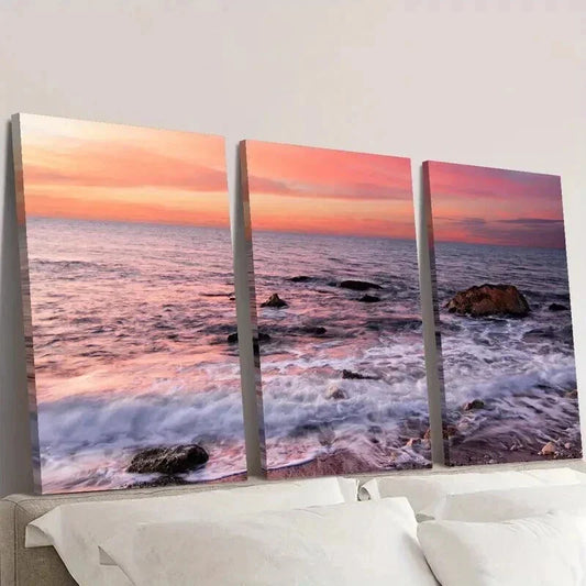 3pcs Sunset And Colorful Glow on The Sea Wall Art Set Canvas Framed 40x60cm - High Quality Print 100% Australian Made Wall Canvas Ready to Hang