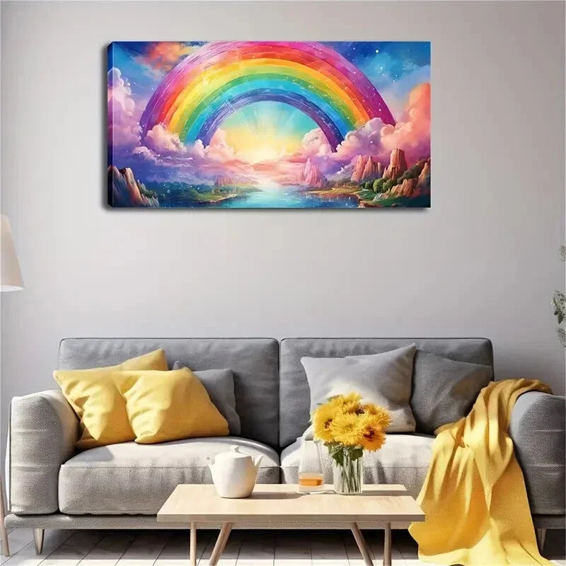 Vibrant Rainbow And Clouds Wall Art Canvas Office Home Room Framed 120x60cm