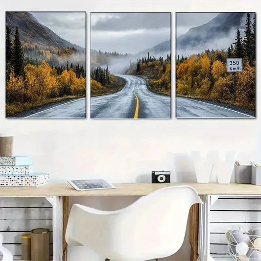 3pcs Autumn Mountain Road Triptych Wall Art Set Canvas Framed 40x60cm - High Quality Print 100% Australian Made Wall Canvas Ready to Hang