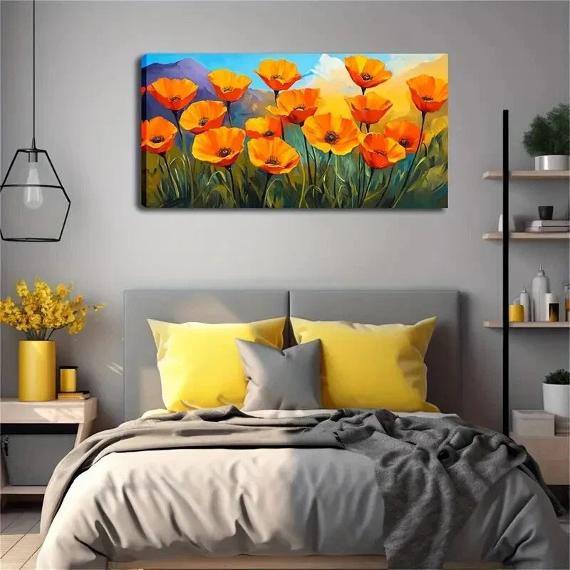 Vibrant Poppy Field Minimalist Wall Art Canvas Office Home Room Framed 120x60cm