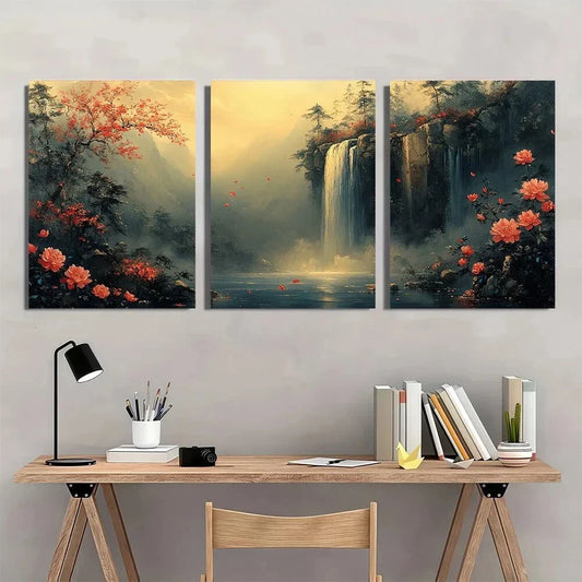 3pcs Flower Waterfall Modern Abstract Metal Print Ready to Hang Art