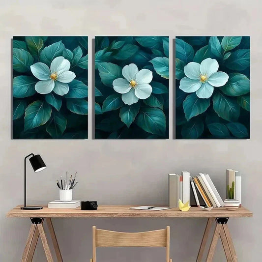 3pcs Green Leaves & White Flowers Decoration Wall Art Set Canvas Framed 40x60cm - High Quality Print 100% Australian Made Wall Canvas Ready to Hang