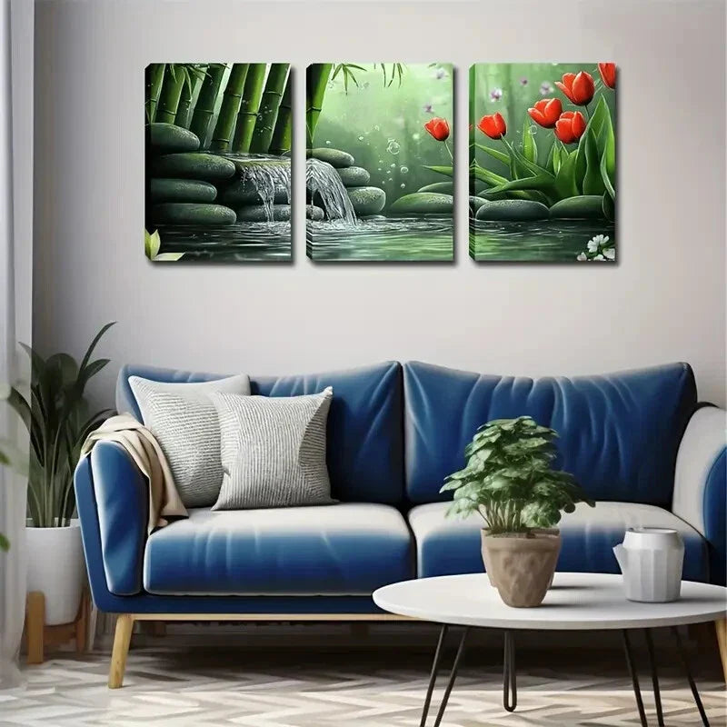3pcs stone Waterfall Oriental garden style Wall Art Set Canvas Framed 40x60cm - High Quality Print 100% Australian Made Wall Canvas Ready to Hang