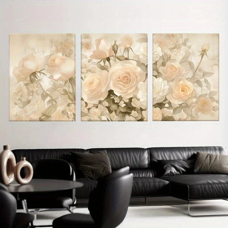 3pcs Elegant Powder Blush Roses & Floral Design Metal Print Ready to Hang Art