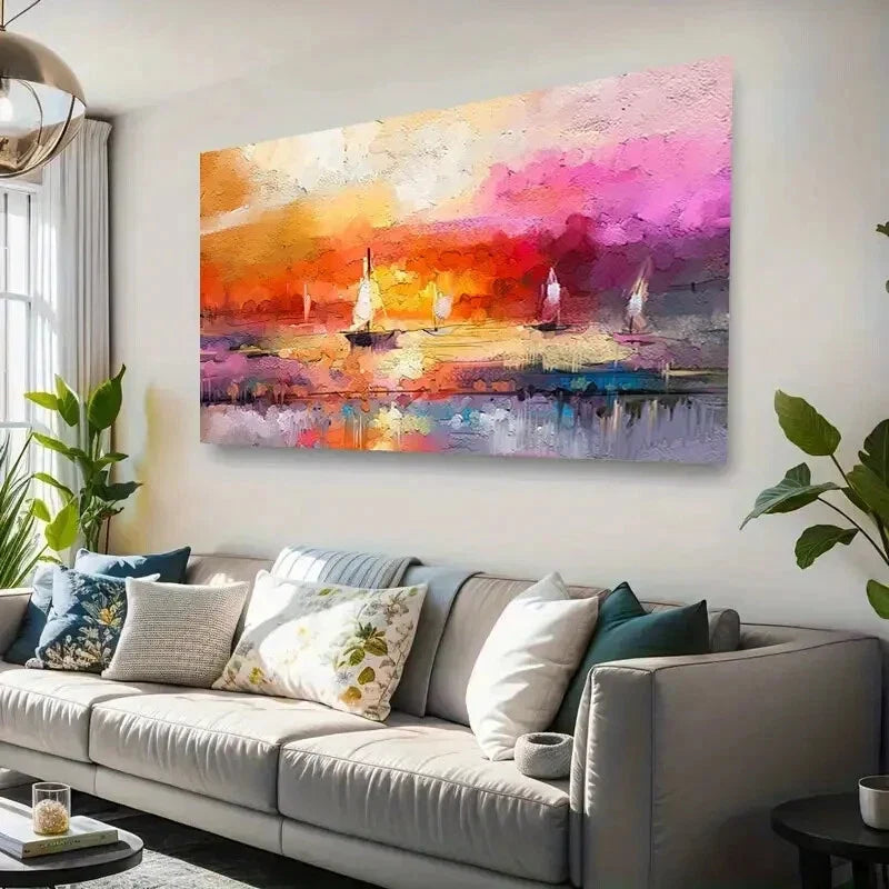 Vibrant Sunset & Ocean Scene Wall Art Canvas Office Home Room Framed 80x45cm