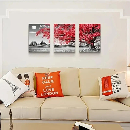 3pcs Black and White Red Tree Moon Landscape Metal Print Ready to Hang Art