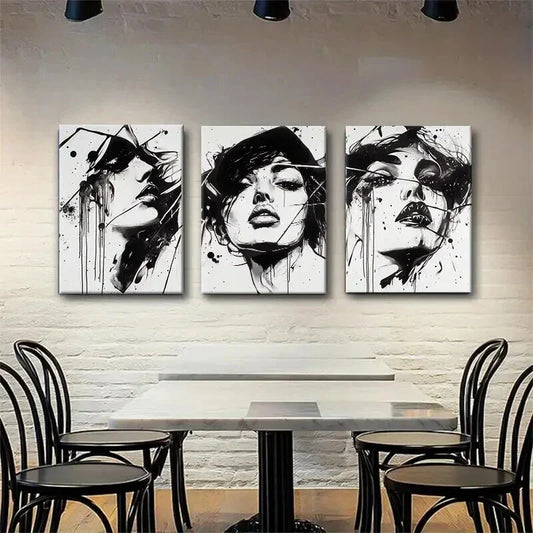 3pcs White Black Abstract Woman Stylish Perfect Wall Art Set Canvas Framed 40x60cm - High Quality Print 100% Australian Made Wall Canvas Ready to Hang