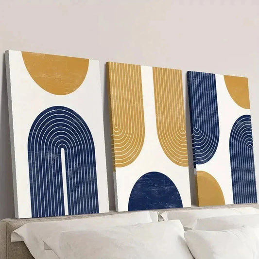 3pcs Golden Navy Blue Geometric Shapes & Lines Wall Art Set Canvas Framed 40x60cm - High Quality Print 100% Australian Made Wall Canvas Ready to Hang