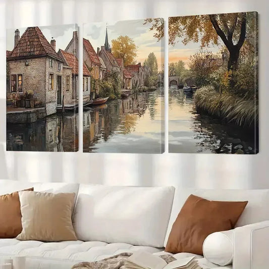 3pcs Aesthetic Peaceful Village In Autumn Wall Art Set Canvas Framed 40x60cm - High Quality Print 100% Australian Made Wall Canvas Ready to Hang