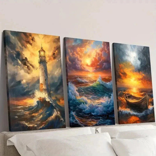 3pcs Lighthouse Landscape & Boat Portrait Wall Art Set Canvas Framed 40x60cm - High Quality Print 100% Australian Made Wall Canvas Ready to Hang