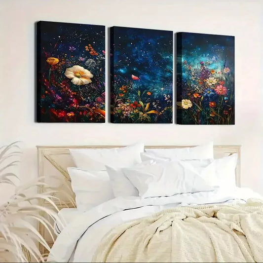 3pcs Modern Aesthetic Starry Sky Floral Night Wall Art Set Canvas Framed 40x60cm - High Quality Print 100% Australian Made Wall Canvas Ready to Hang