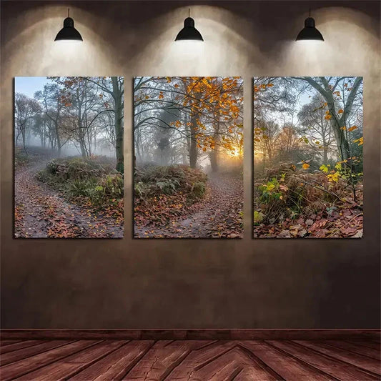 3pcs Misty Forest Sunrise Sunlight Through Trees Metal Print Ready to Hang Art