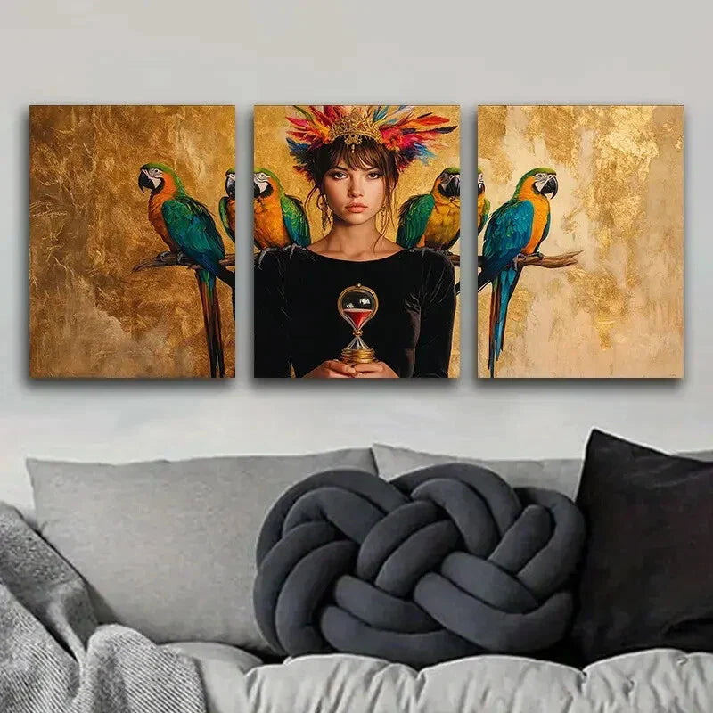 3pcs The Queen and the Parrots Perfect Colorful Wall Art Set Canvas Framed 40x60cm - High Quality Print 100% Australian Made Wall Canvas Ready to Hang