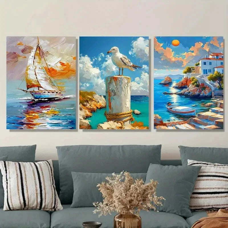3pcs Seaside Sunset Sailboat and Seagull Triptych Metal Print Ready to Hang Art
