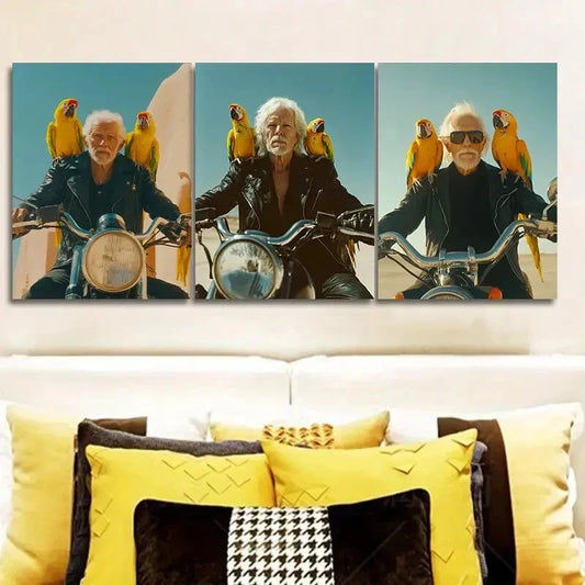 3pcs Vibrant Parrot & Motorcycle Scene Metal Print Ready to Hang Art
