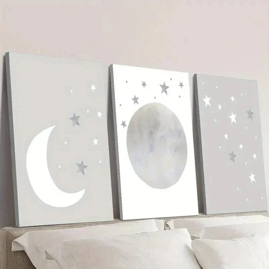 3pcs Neutral Gray Moon and Stars Wall Art Set Canvas Framed 40x60cm - High Quality Print 100% Australian Made Wall Canvas Ready to Hang