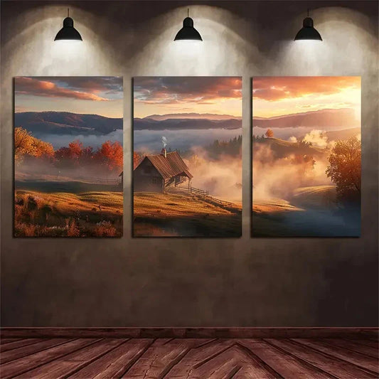 3pcs Misty Autumn Morning Scenery Rustic Country Metal Print Ready to Hang Art