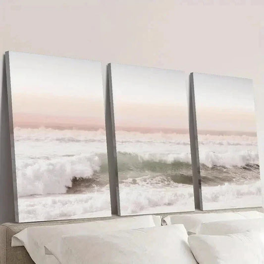 3pcs Pink Coast Sunset Ocean Scenery Wall Art Set Canvas Framed 40x60cm - High Quality Print 100% Australian Made Wall Canvas Ready to Hang