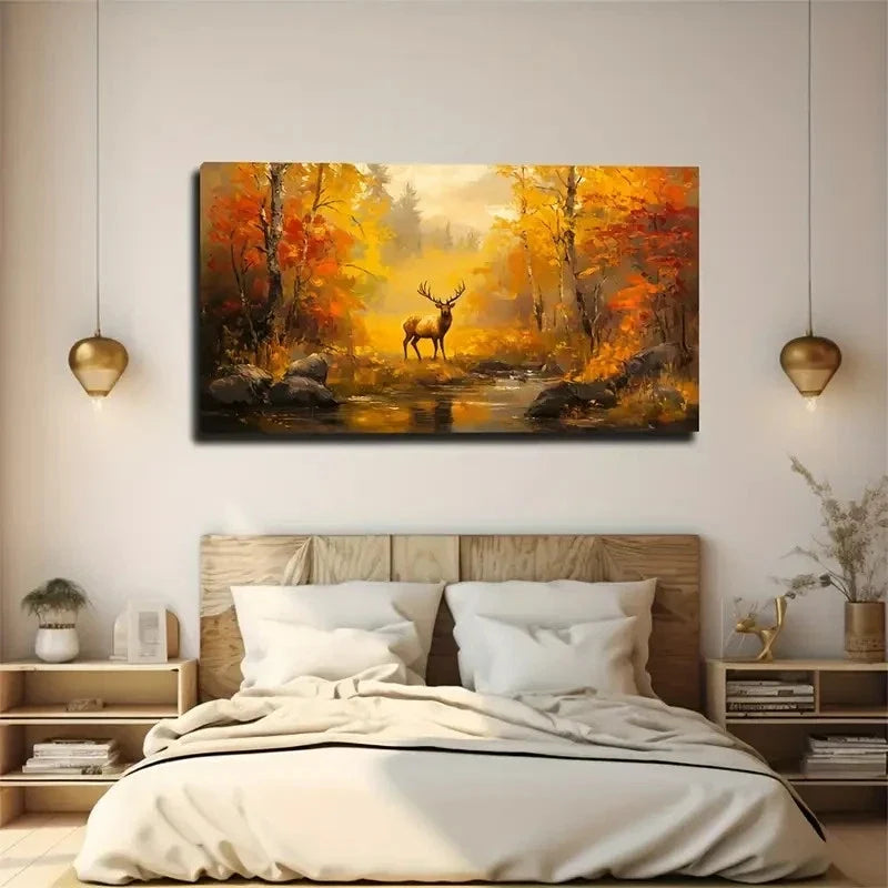 Bohemian Autumn Elk Landscape Wall Art Canvas Office Home Room Framed 80x45cm