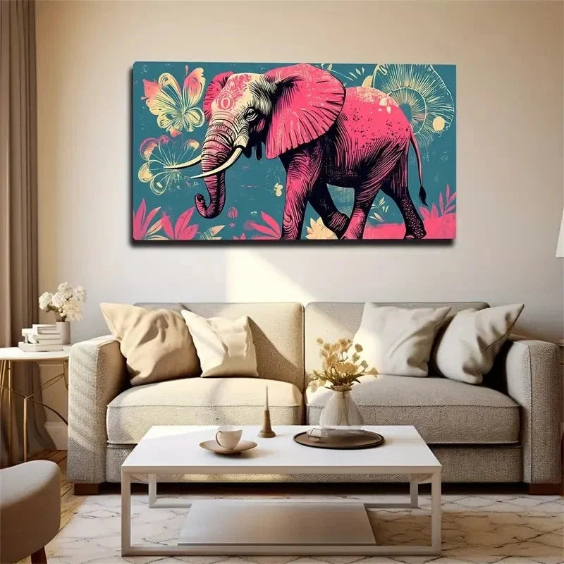 Vibrant Elephant Modern Floral Wall Art Canvas Office Home Room Framed 120x60cm