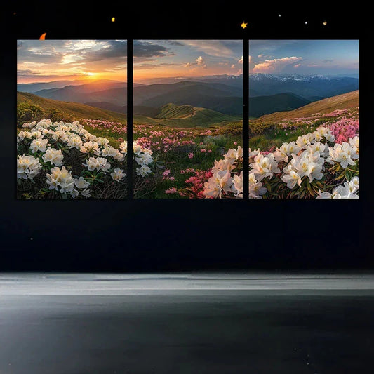 3pcs Sunset Mountain Landscape Floral Metal Print Ready to Hang Art
