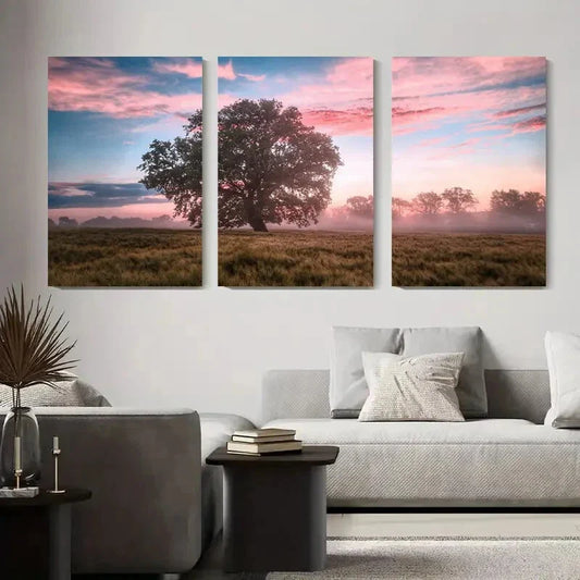 3pcs Sunrise Tree Misty Field Nature Morning Sky Metal Print Ready to Hang Art