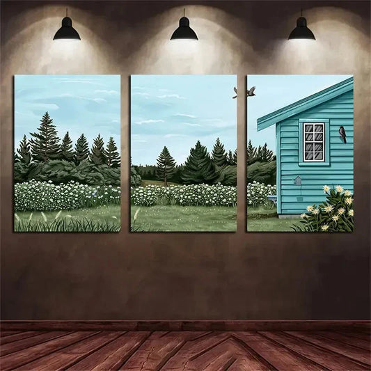 3pcs Rustic Landscape and House Metal Print Ready to Hang Art