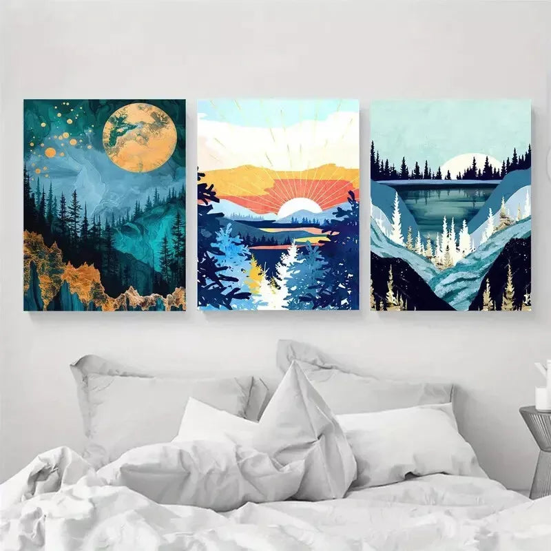 3pcs Abstract Modern River Vista With Trees Wall Art Set Canvas Framed 40x60cm - High Quality Print 100% Australian Made Wall Canvas Ready to Hang