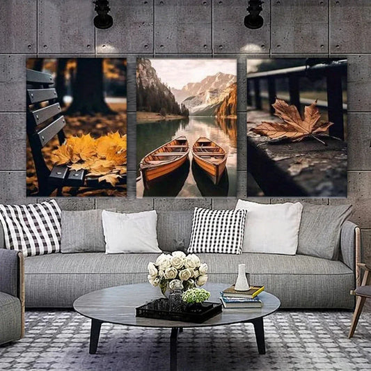 3pcs Autumn Forest Lake View Nature Metal Print Ready to Hang Art