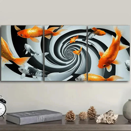 3pcs Goldfish Swirl Painting Luxury Metal Print Ready to Hang Art