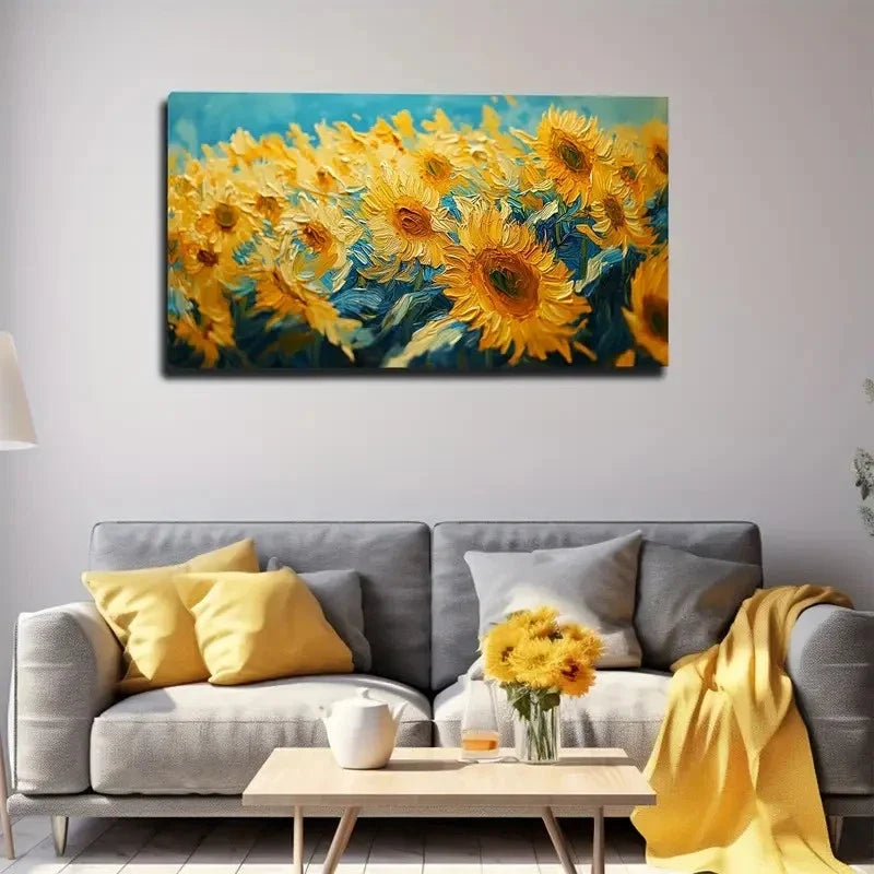 Vibrant Yellow Blue Floral Wall Art Canvas Office Home Room Framed 80x45cm