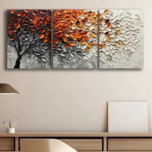 3pcs Autumn Trees Colourful Red and Gray Metal Print Ready to Hang Art