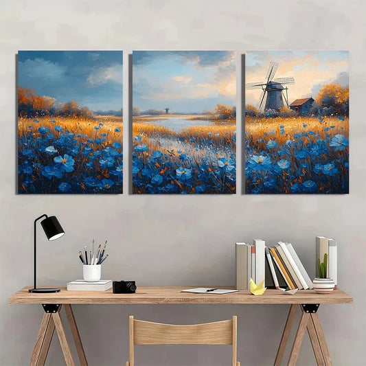 3pcs Blue Flowers & Rustic Windmill Metal Print Ready to Hang Art