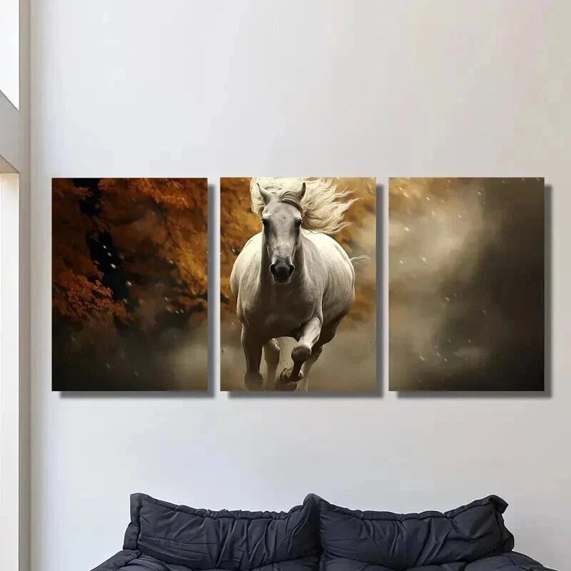 3pcs White Horse Galloping in Autumn Forest Wall Art Set Canvas Framed 40x60cm - High Quality Print 100% Australian Made Wall Canvas Ready to Hang